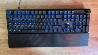 Top view of the Corsair K70 Core mechanical gaming keyboard and its magnetic wristrest.