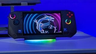 MSI handheld gaming device with colorful dragon logo display.